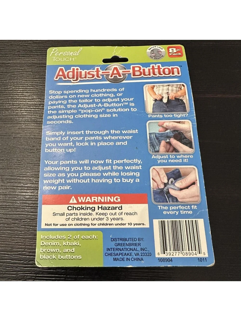 Personal Touch Adjust-A-Button 8 Pc Pack No Sew Waist Extender Buttons Sealed